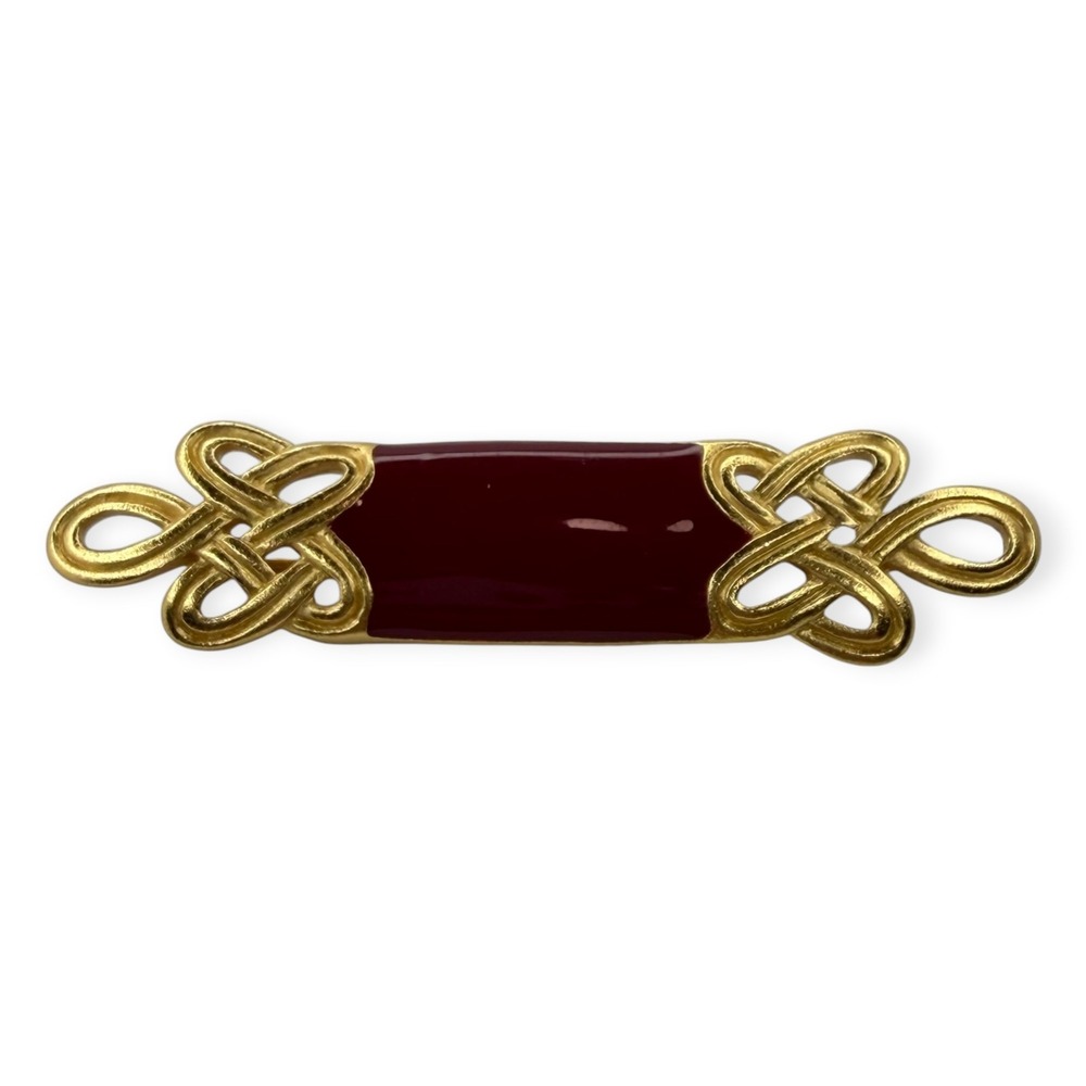 Monet Brooch Gold Tone Enamel Red Burgundy Celtic Knot Vintage Bar Pin